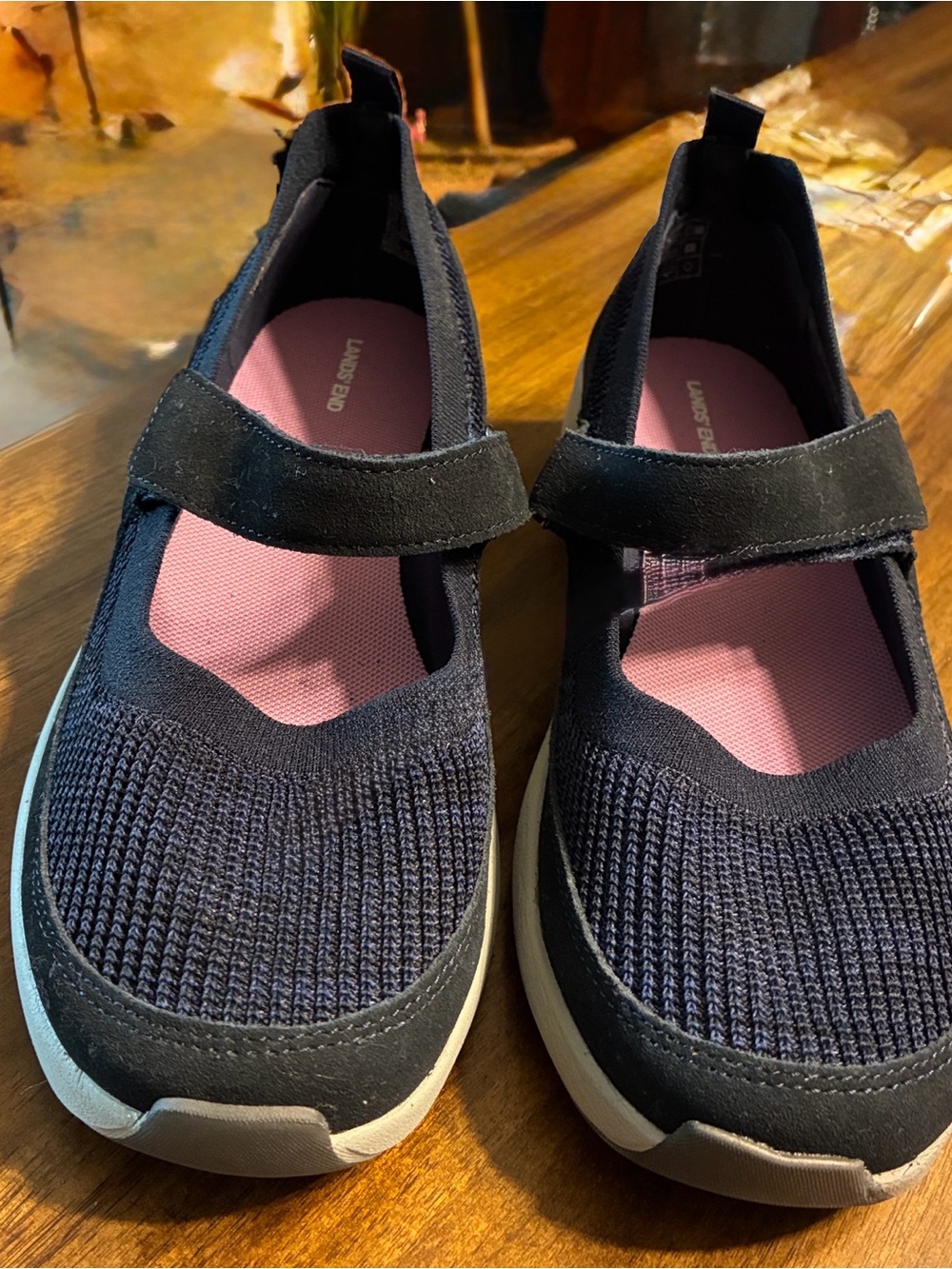 Lands' End Kids Navy Mary Jane Sneakers with Pink Insole